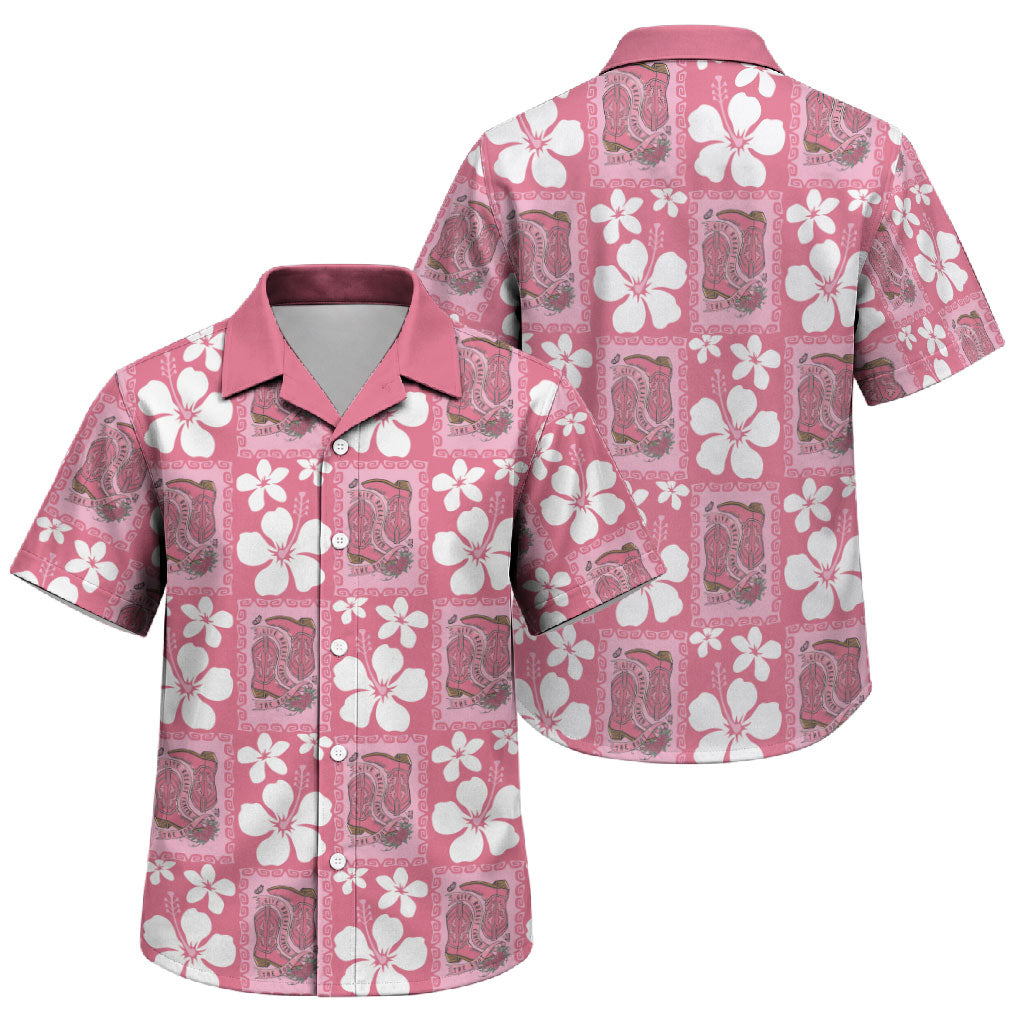 Give Cancer The Boot Pink Cowgirl Family Matching Puletasi and Hawaiian Shirt Western Aloha Hibiscus Paniolo Heritage Floral LT9 Son's Shirt Pink - Polynesian Pride