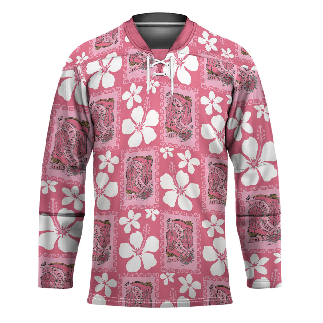Give Cancer The Boot Pink Cowgirl Hockey Jersey Western Aloha Hibiscus Paniolo Heritage Floral