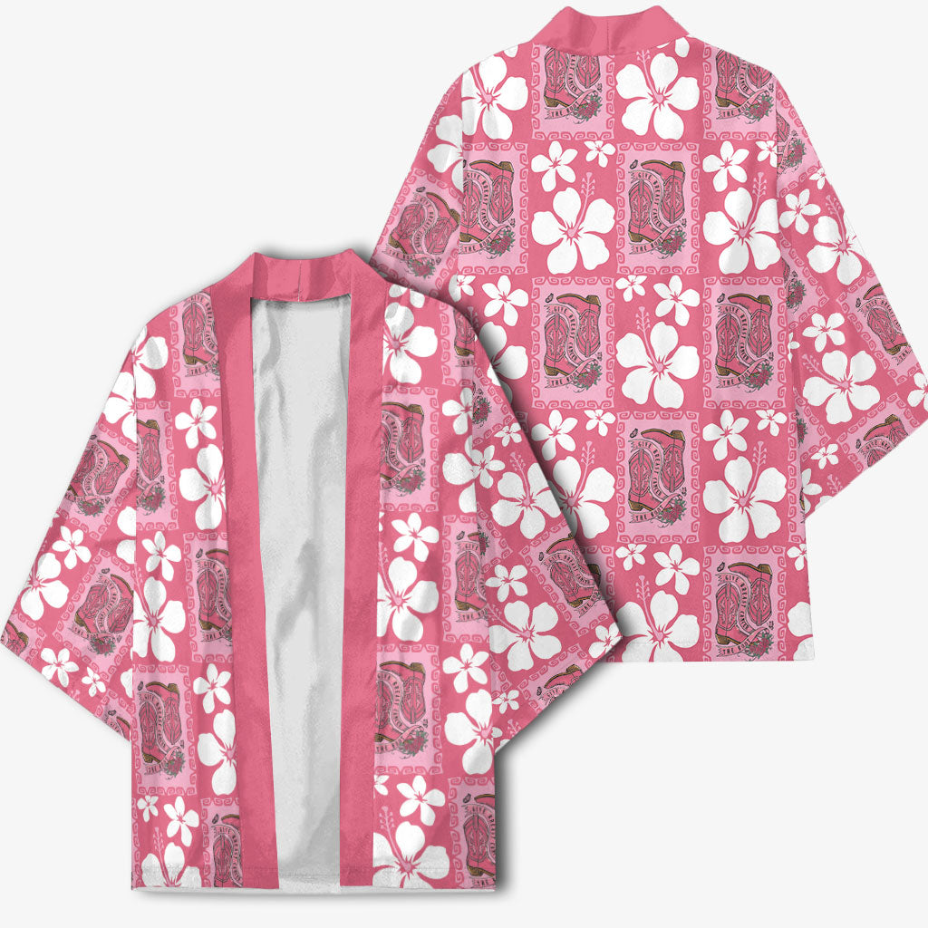 Give Cancer The Boot Pink Cowgirl Kimono Western Aloha Hibiscus Paniolo Heritage Floral LT9 - Polynesian Pride