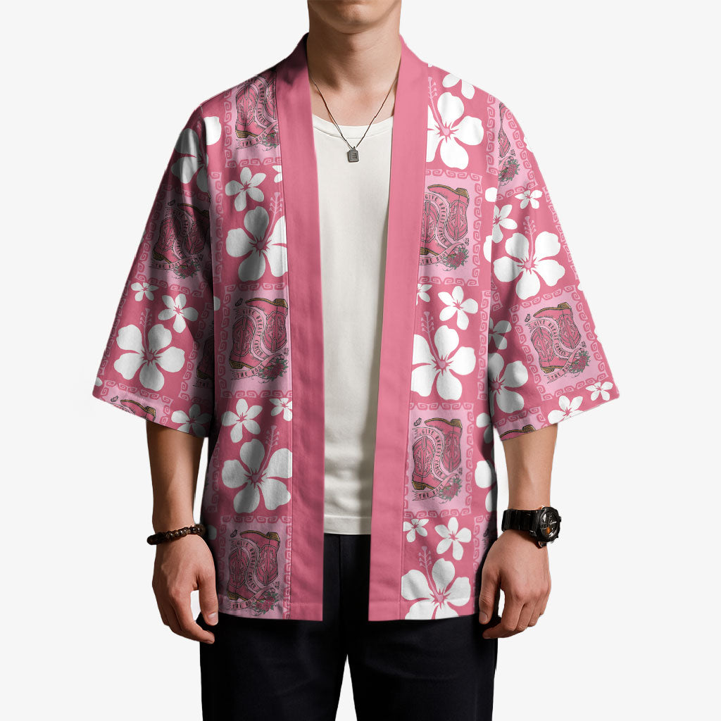 Give Cancer The Boot Pink Cowgirl Kimono Western Aloha Hibiscus Paniolo Heritage Floral LT9 - Polynesian Pride