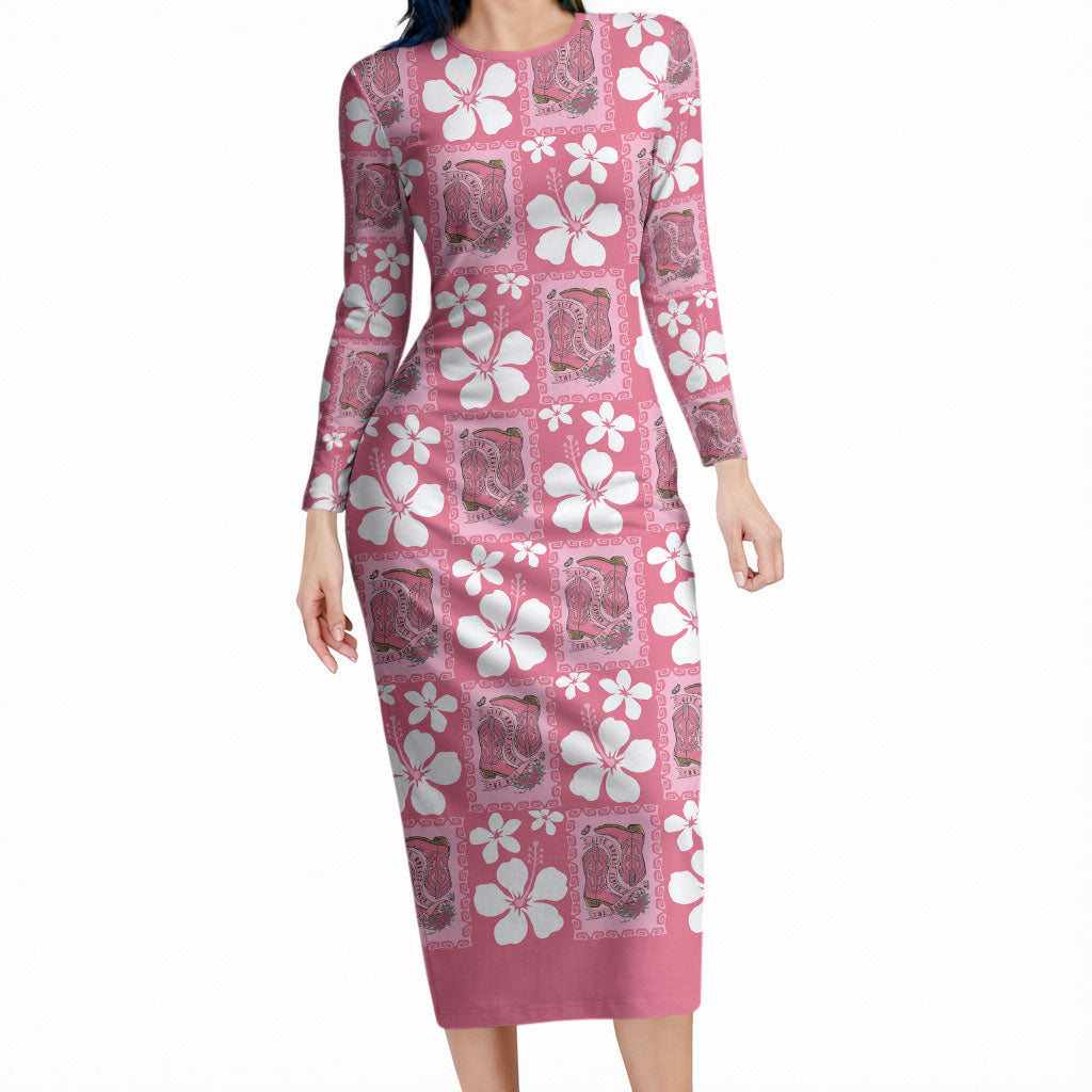 Give Cancer The Boot Pink Cowgirl Long Sleeve Bodycon Dress Western Aloha Hibiscus Paniolo Heritage Floral