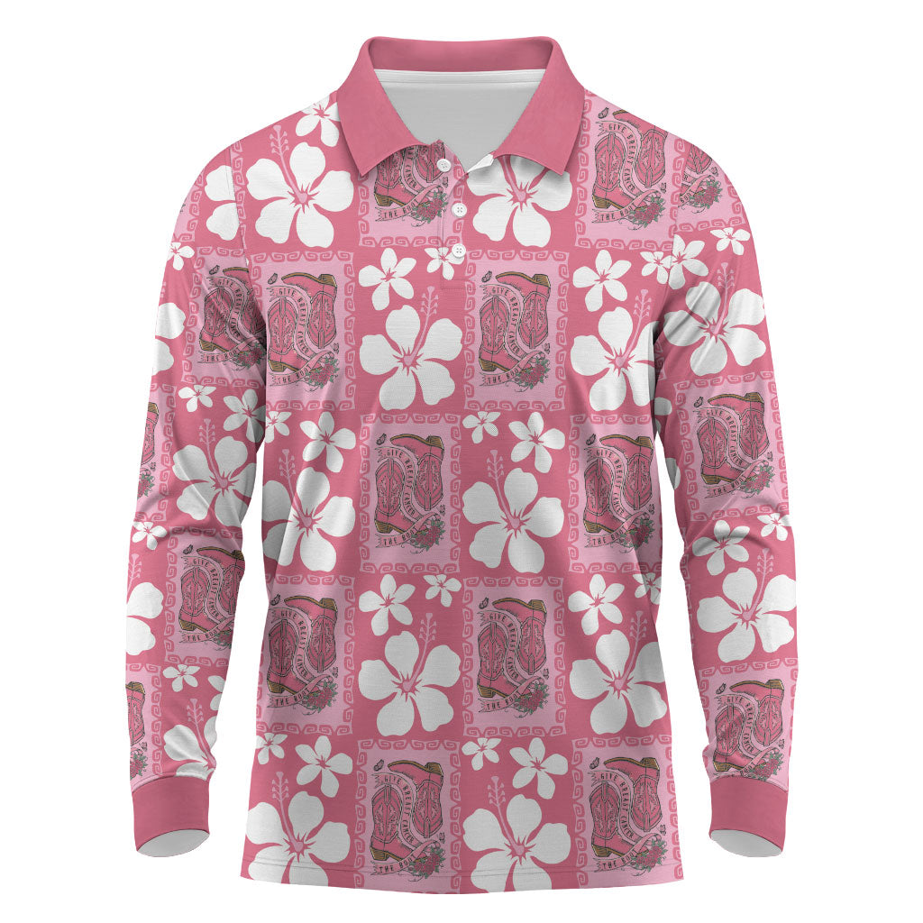 Give Cancer The Boot Pink Cowgirl Long Sleeve Polo Shirt Western Aloha Hibiscus Paniolo Heritage Floral LT9 Pink - Polynesian Pride