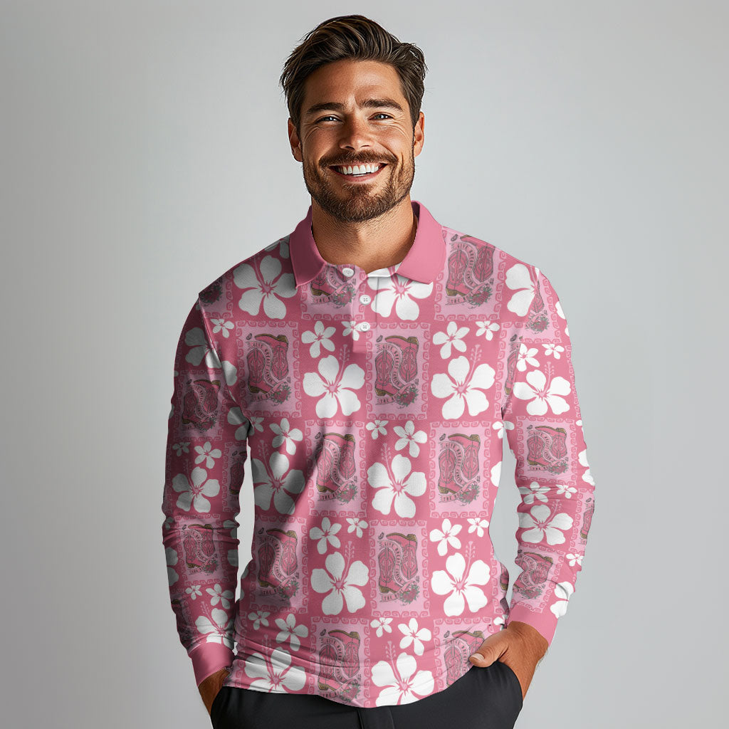 Give Cancer The Boot Pink Cowgirl Long Sleeve Polo Shirt Western Aloha Hibiscus Paniolo Heritage Floral LT9 - Polynesian Pride