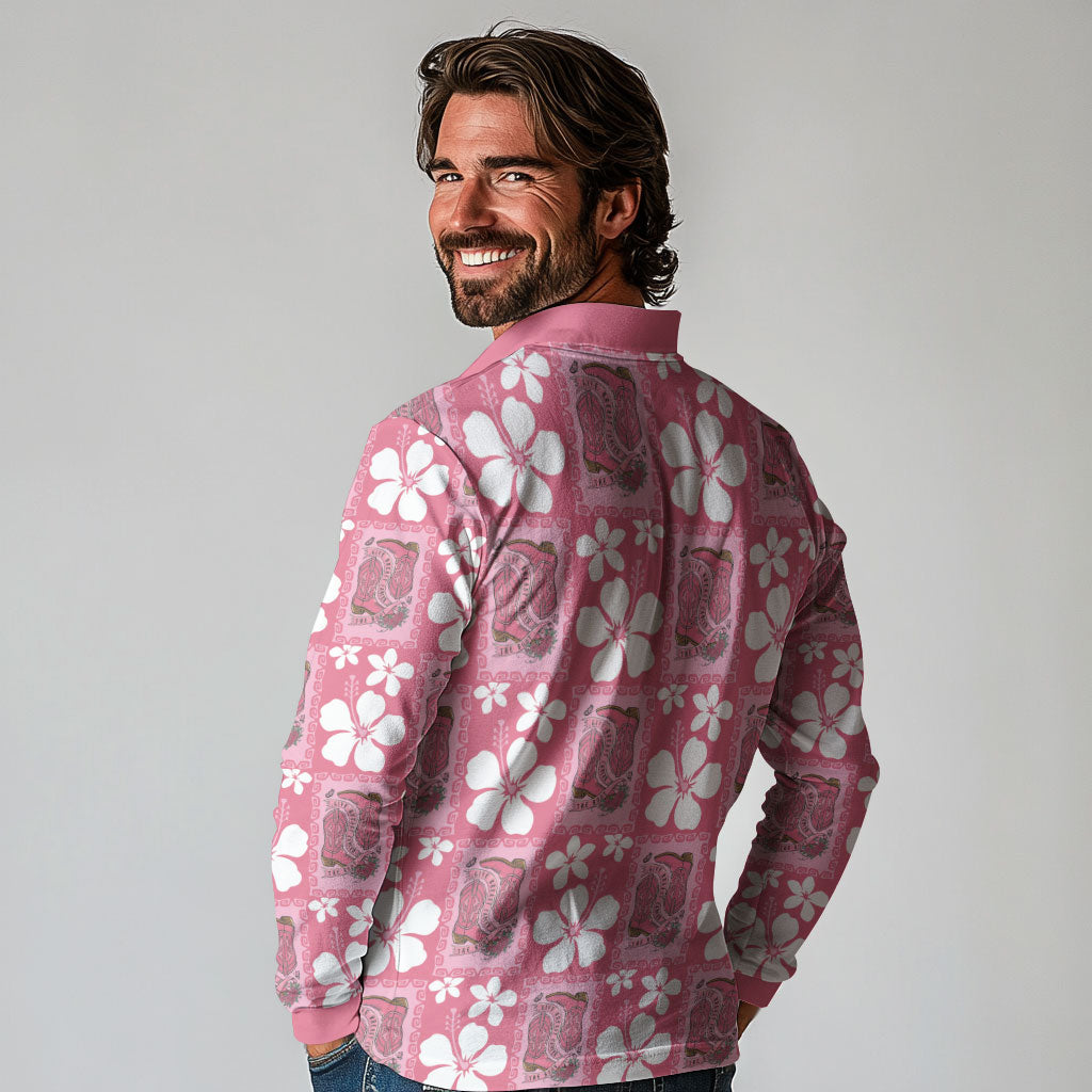 Give Cancer The Boot Pink Cowgirl Long Sleeve Polo Shirt Western Aloha Hibiscus Paniolo Heritage Floral LT9 - Polynesian Pride