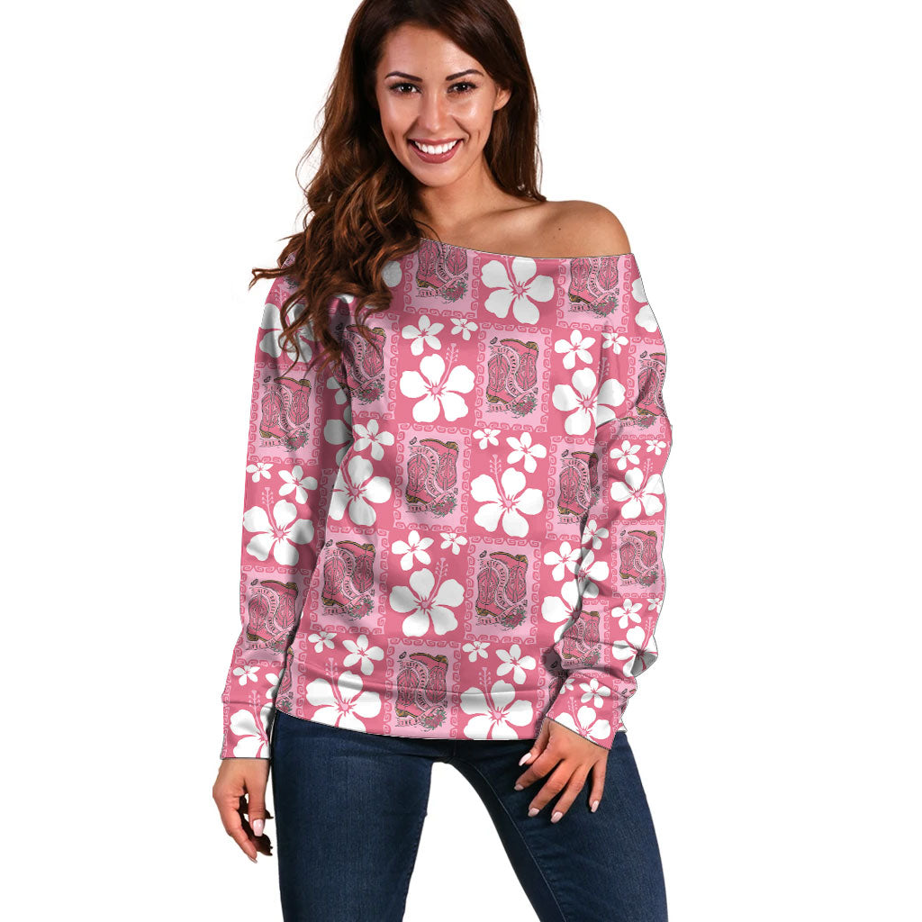 Give Cancer The Boot Pink Cowgirl Off Shoulder Sweater Western Aloha Hibiscus Paniolo Heritage Floral