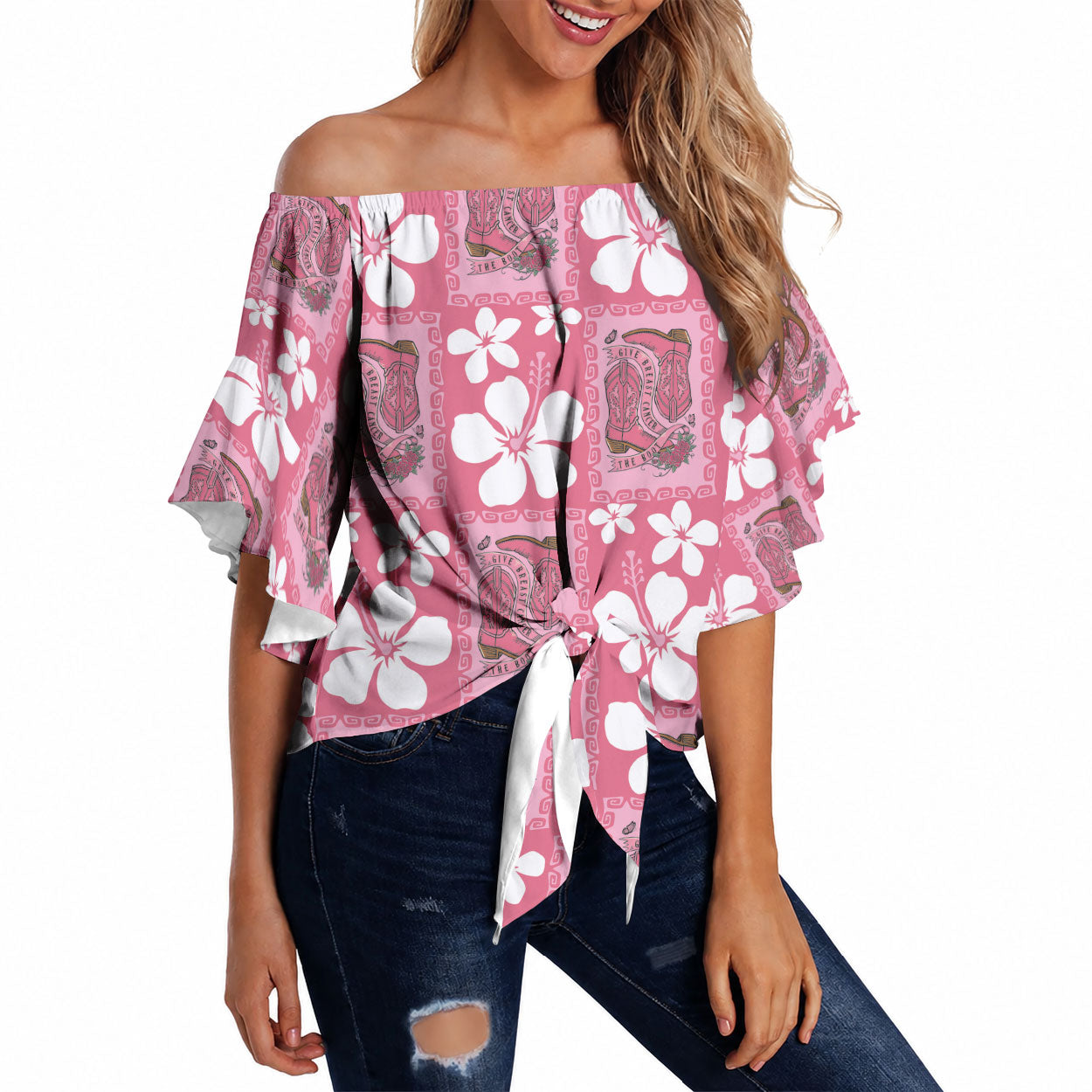 Give Cancer The Boot Pink Cowgirl Off Shoulder Wrap Waist Top Western Aloha Hibiscus Paniolo Heritage Floral LT9 Pink - Polynesian Pride