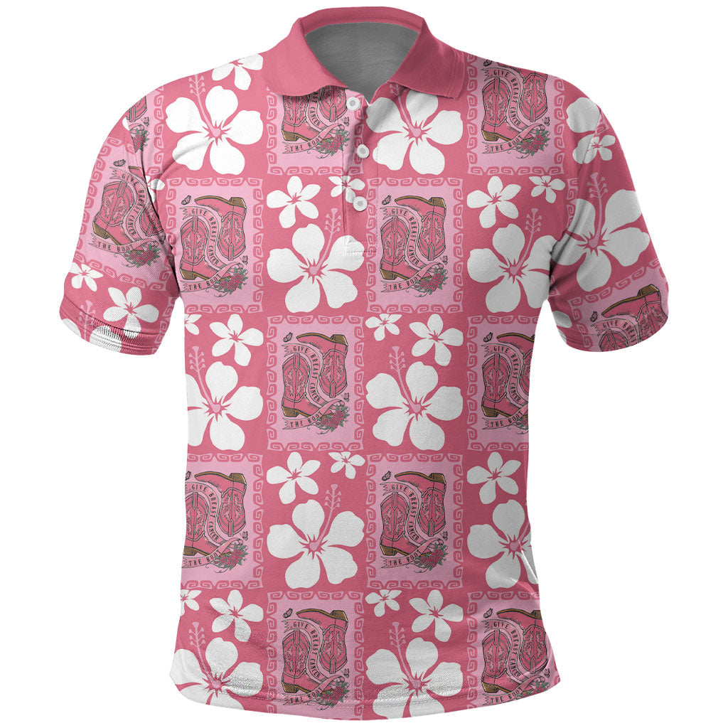 Give Cancer The Boot Pink Cowgirl Polo Shirt Western Aloha Hibiscus Paniolo Heritage Floral
