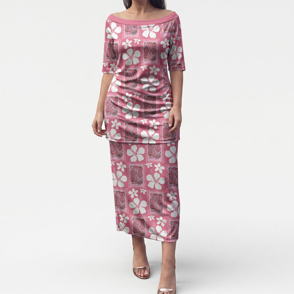 Give Cancer The Boot Pink Cowgirl Puletasi Western Aloha Hibiscus Paniolo Heritage Floral LT9 Long Dress Pink - Polynesian Pride