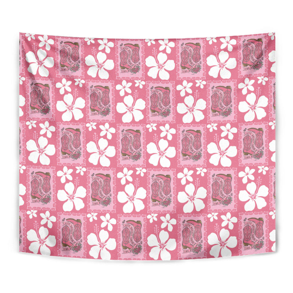 Give Cancer The Boot Pink Cowgirl Tapestry Western Aloha Hibiscus Paniolo Heritage Floral LT9 - Polynesian Pride