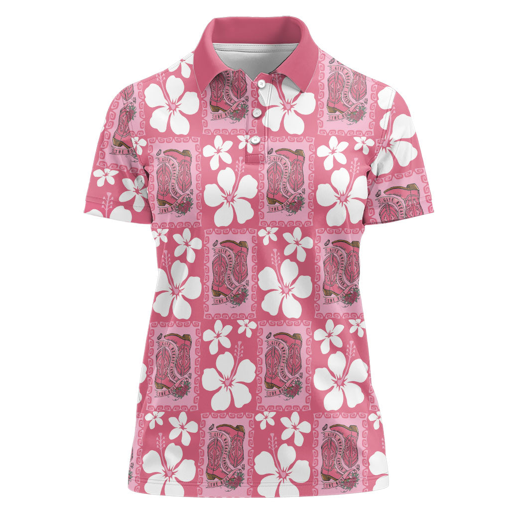 Give Cancer The Boot Pink Cowgirl Women Polo Shirt Western Aloha Hibiscus Paniolo Heritage Floral
