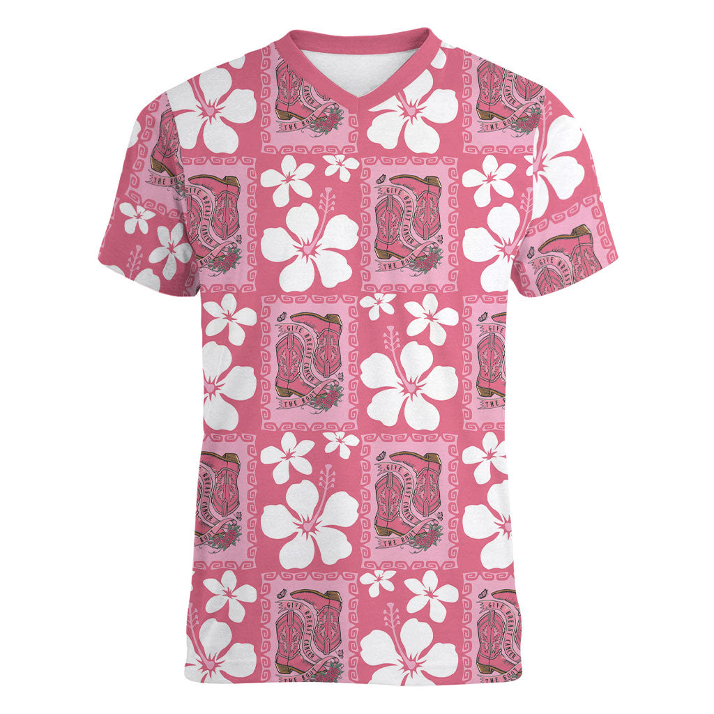 Give Cancer The Boot Pink Cowgirl Women V-Neck T-Shirt Western Aloha Hibiscus Paniolo Heritage Floral