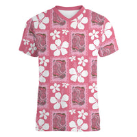 Give Cancer The Boot Pink Cowgirl Women V-Neck T-Shirt Western Aloha Hibiscus Paniolo Heritage Floral LT9 Female Pink - Polynesian Pride