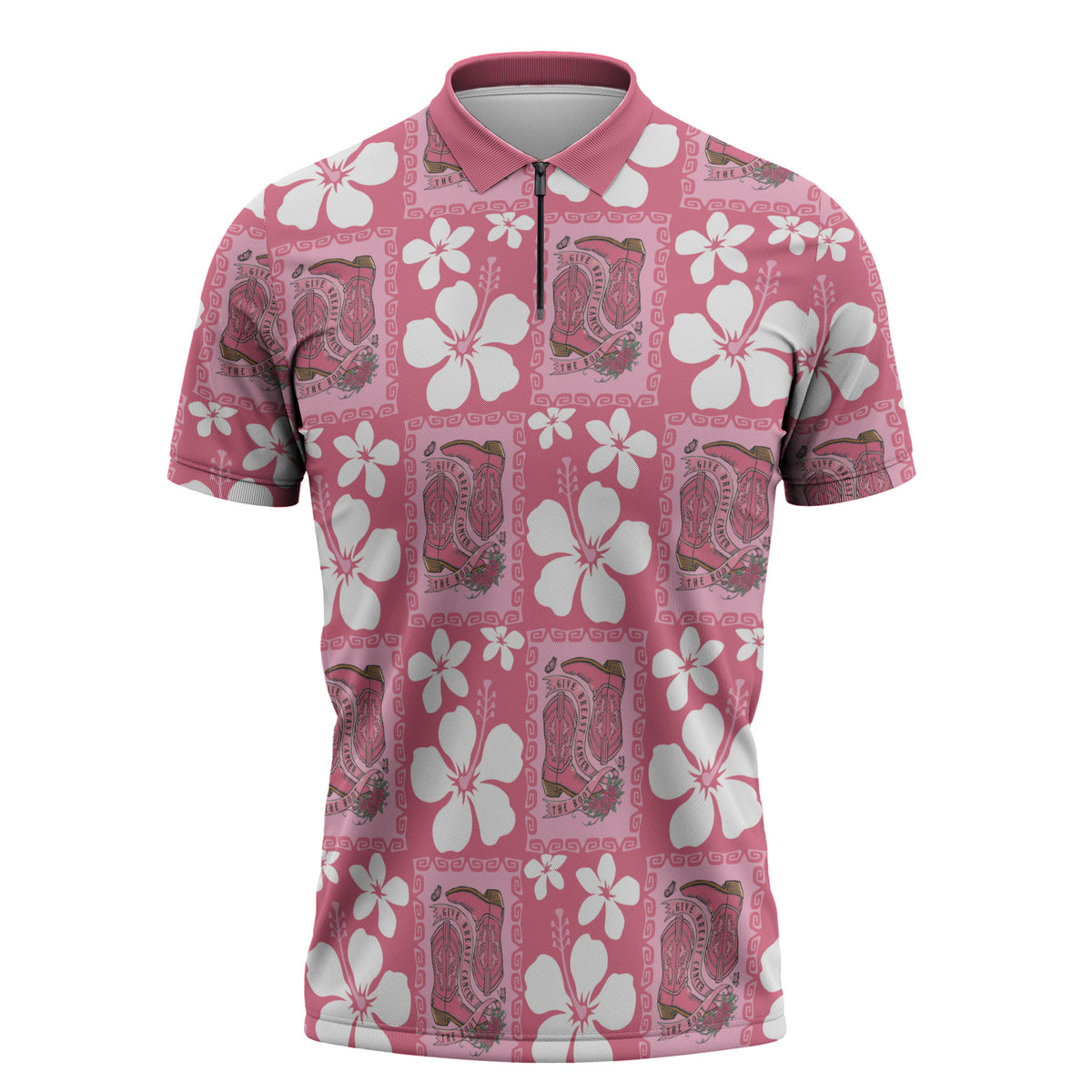 Give Cancer The Boot Pink Cowgirl Zipper Polo Shirt Western Aloha Hibiscus Paniolo Heritage Floral LT9 Pink - Polynesian Pride