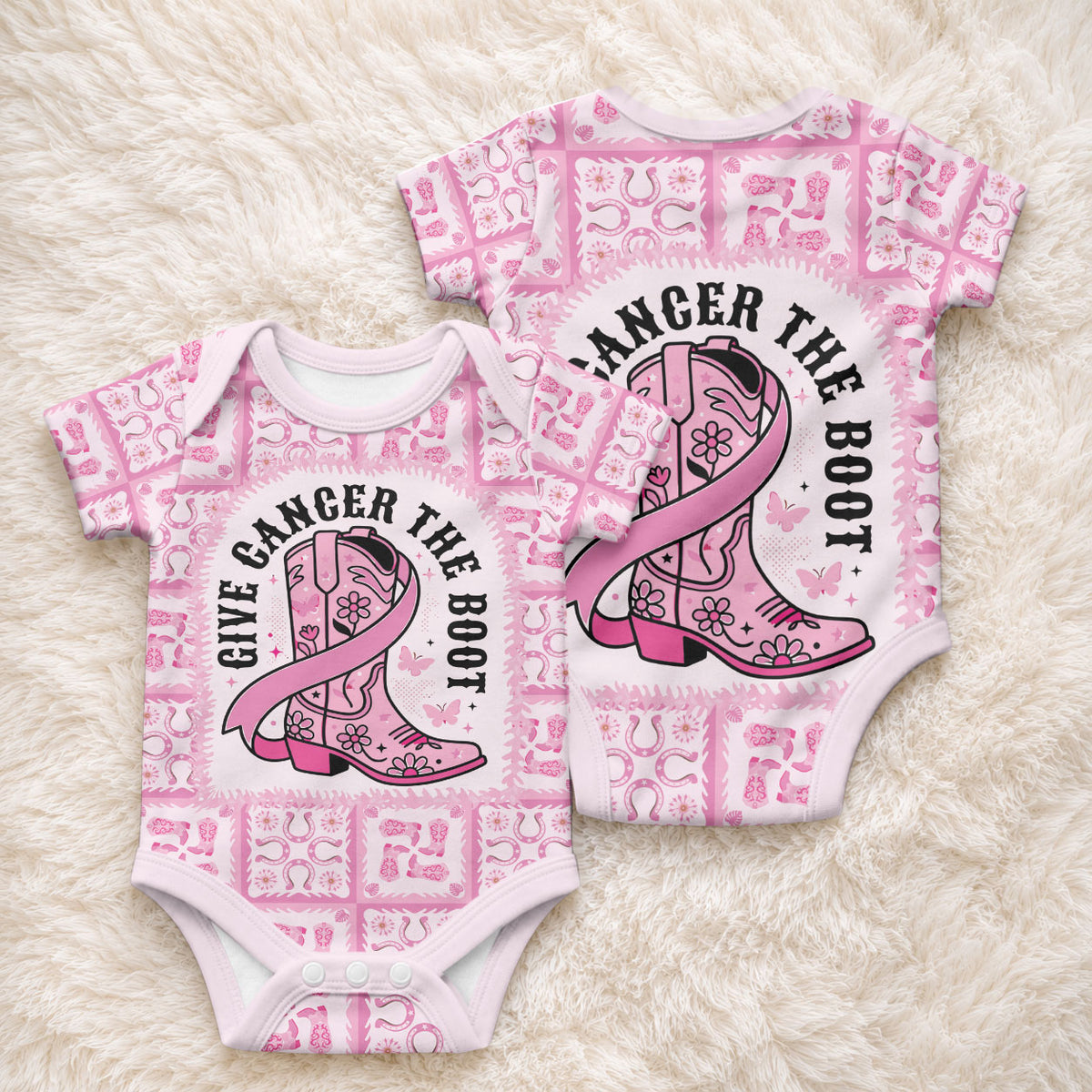 Give Cancer The Boot Pink Cowgirl Baby Onesie Hawaiian Paniolo Mixed Quilt Pattern Style