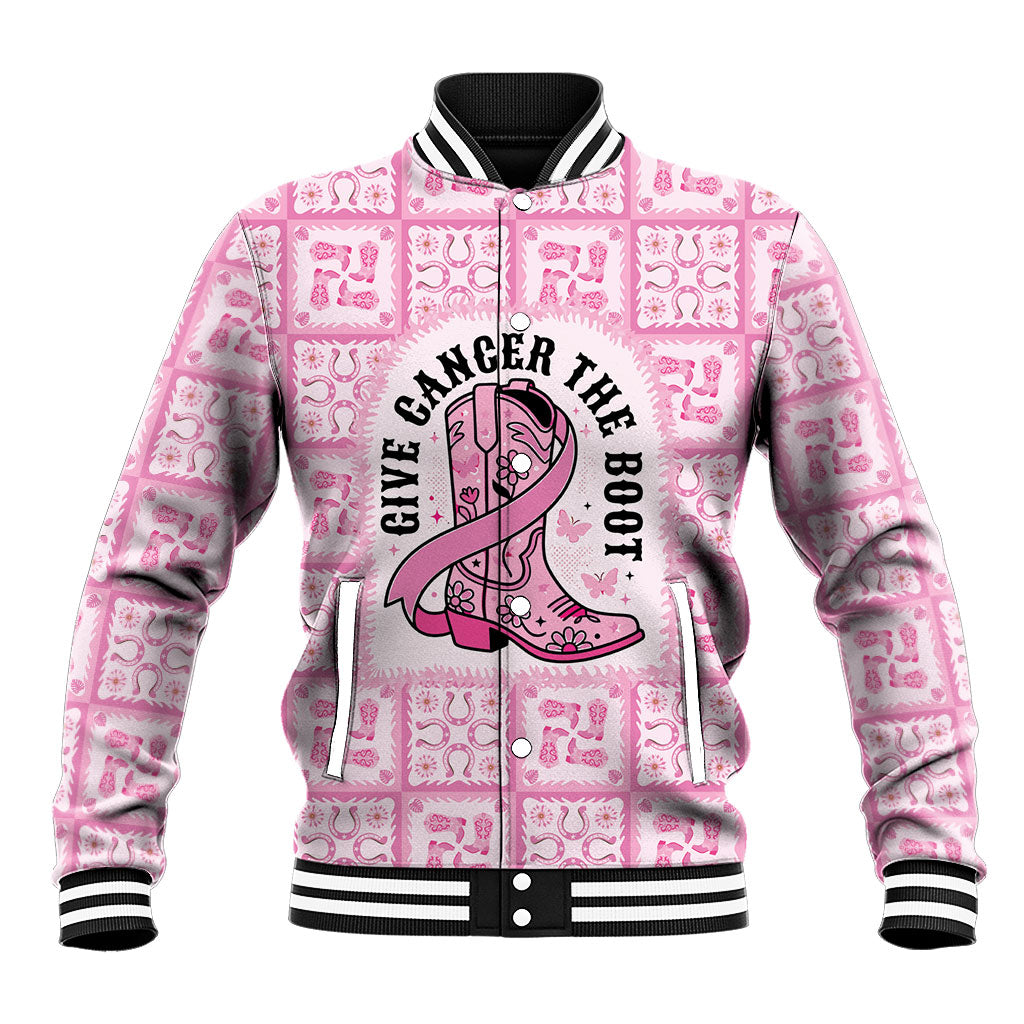Give Cancer The Boot Pink Cowgirl Baseball Jacket Hawaiian Paniolo Mixed Quilt Pattern Style LT9 Unisex Pink - Polynesian Pride