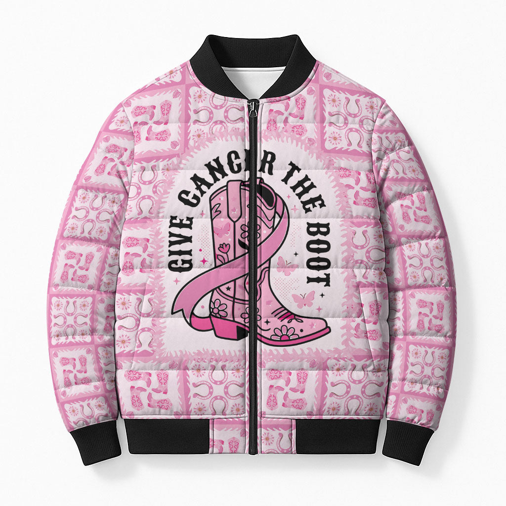 Give Cancer The Boot Pink Cowgirl Bomber Puffer Jacket Hawaiian Paniolo Mixed Quilt Pattern Style