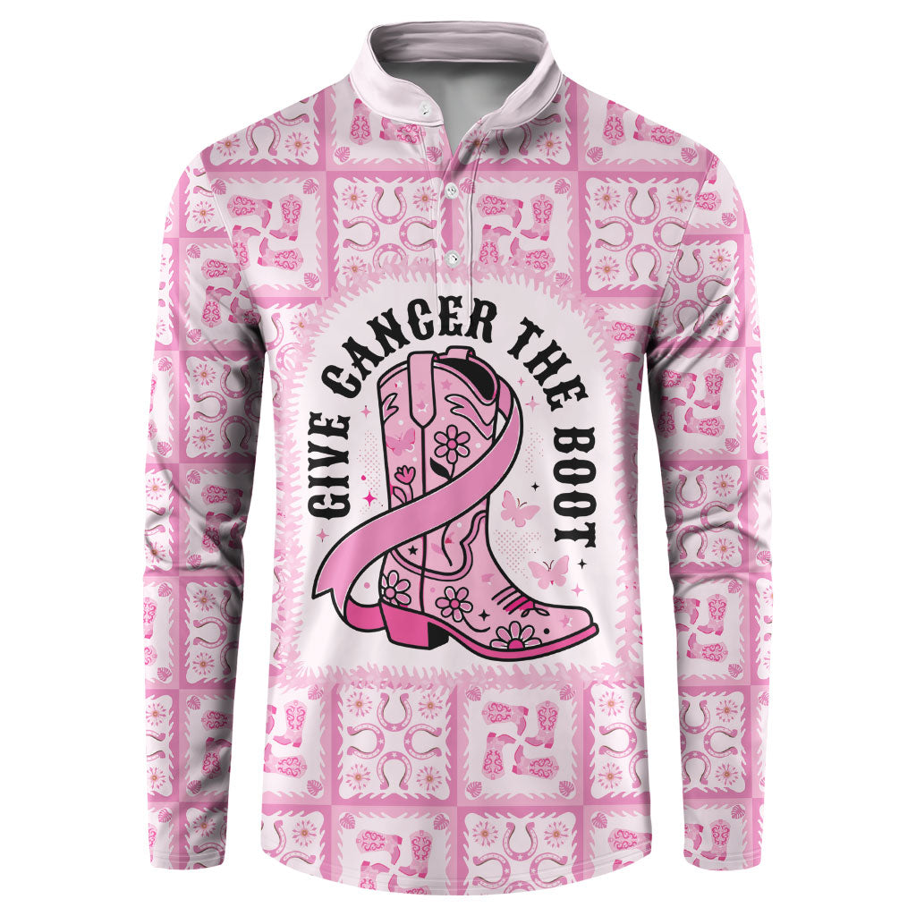 Give Cancer The Boot Pink Cowgirl Button Sweatshirt Hawaiian Paniolo Mixed Quilt Pattern Style