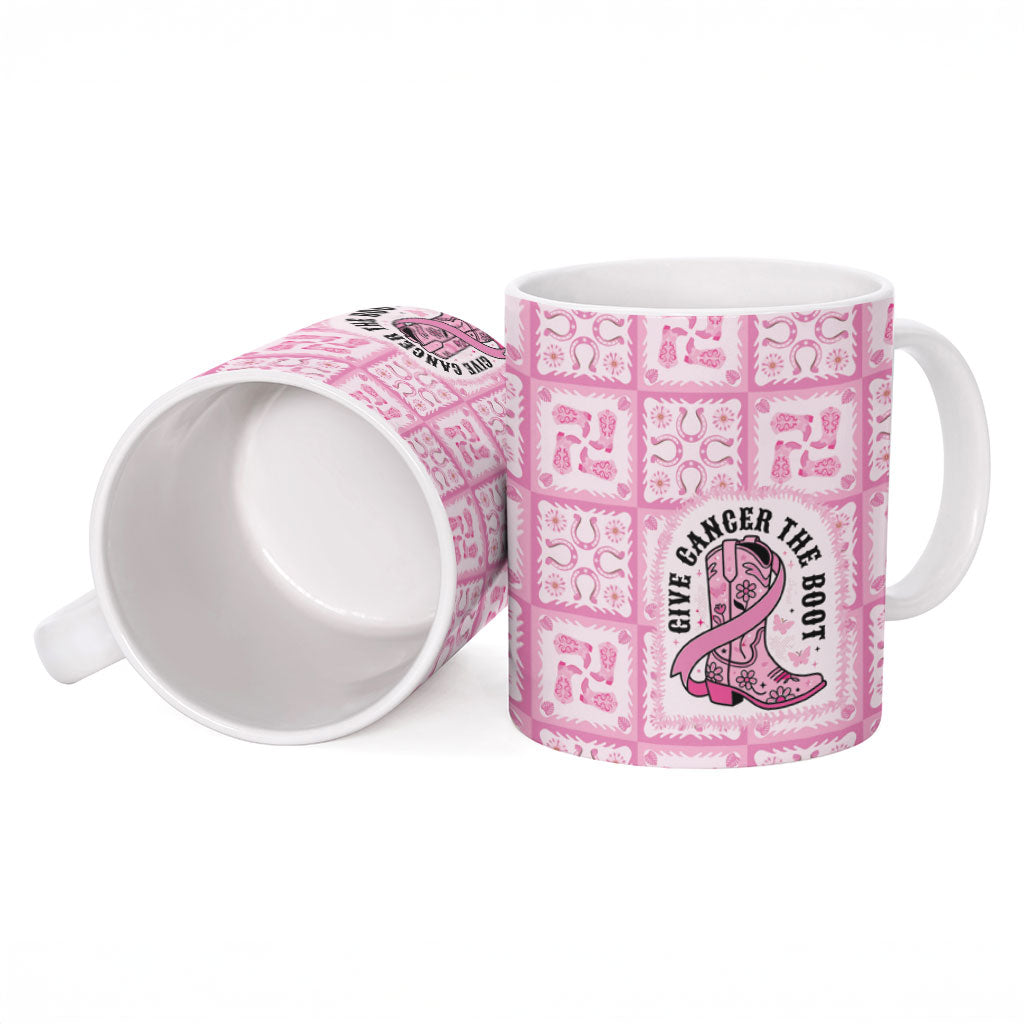 Give Cancer The Boot Pink Cowgirl Ceramic Mug Hawaiian Paniolo Mixed Quilt Pattern Style LT9 - Polynesian Pride
