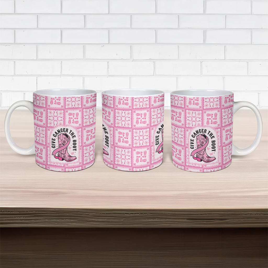 Give Cancer The Boot Pink Cowgirl Ceramic Mug Hawaiian Paniolo Mixed Quilt Pattern Style LT9 - Polynesian Pride