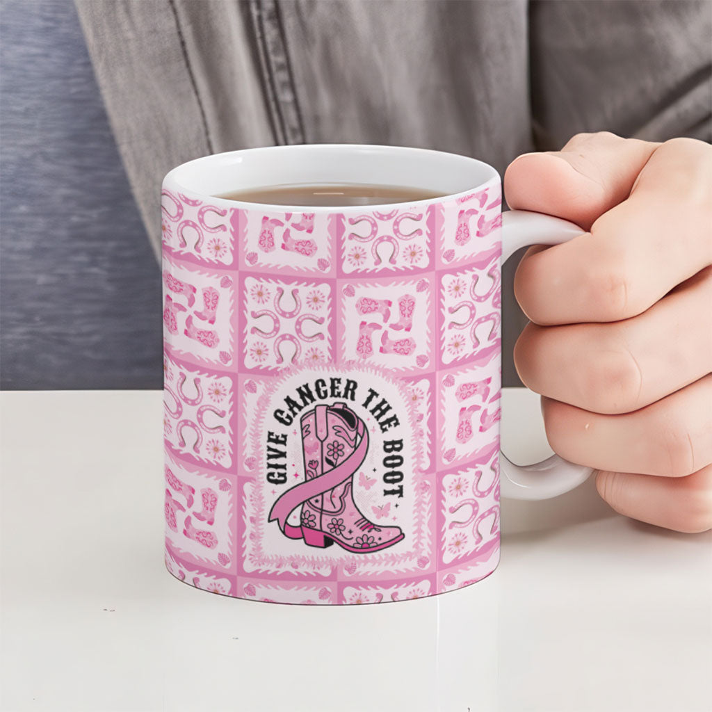 Give Cancer The Boot Pink Cowgirl Ceramic Mug Hawaiian Paniolo Mixed Quilt Pattern Style LT9 - Polynesian Pride