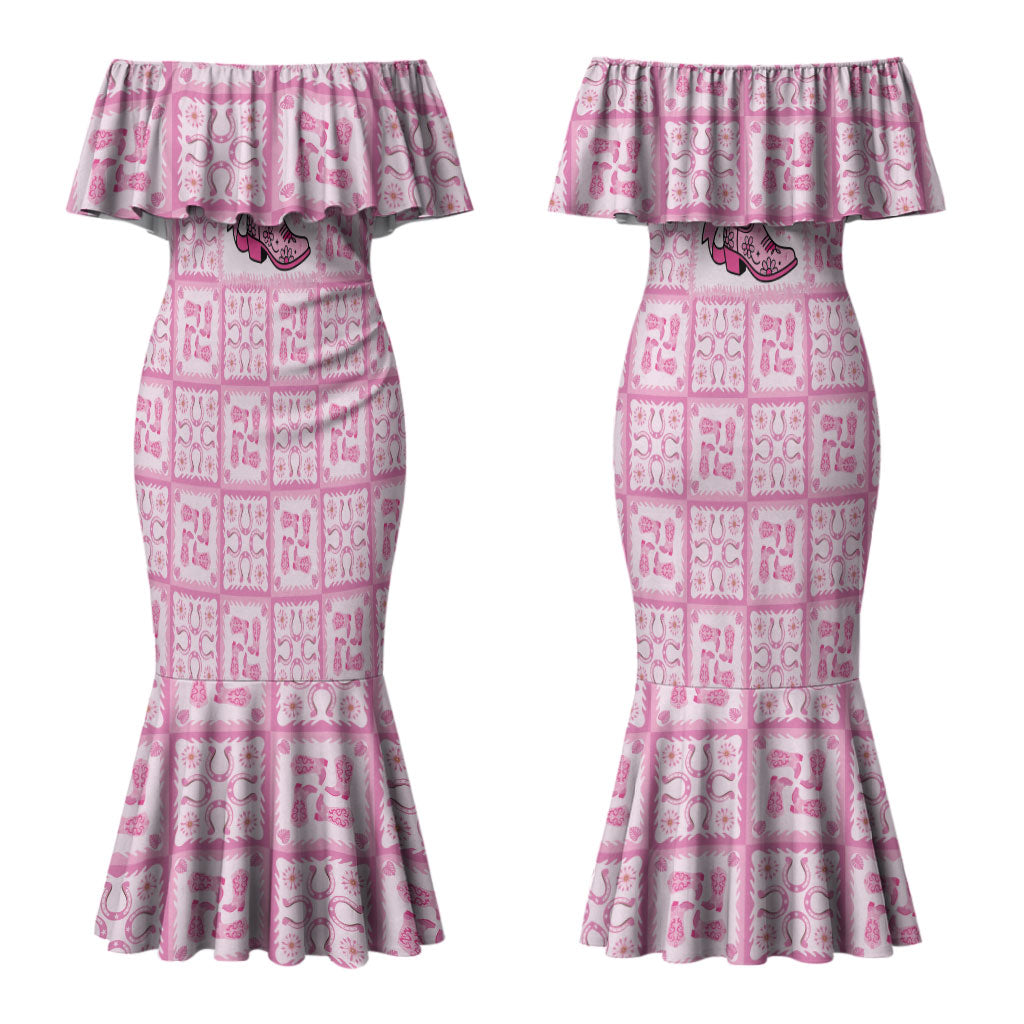 Give Cancer The Boot Pink Cowgirl Couples Matching Mermaid Dress and Long Sleeve Button Shirt Hawaiian Paniolo Mixed Quilt Pattern Style LT9 - Polynesian Pride