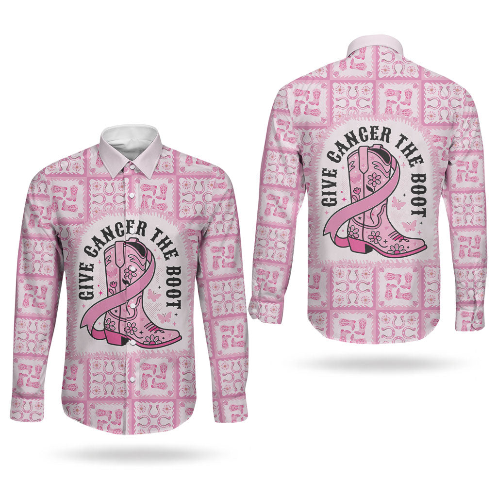Give Cancer The Boot Pink Cowgirl Couples Matching Off Shoulder Maxi Dress and Long Sleeve Button Shirt Hawaiian Paniolo Mixed Quilt Pattern Style LT9 - Polynesian Pride