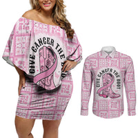 Give Cancer The Boot Pink Cowgirl Couples Matching Off Shoulder Short Dress and Long Sleeve Button Shirt Hawaiian Paniolo Mixed Quilt Pattern Style LT9 Pink - Polynesian Pride