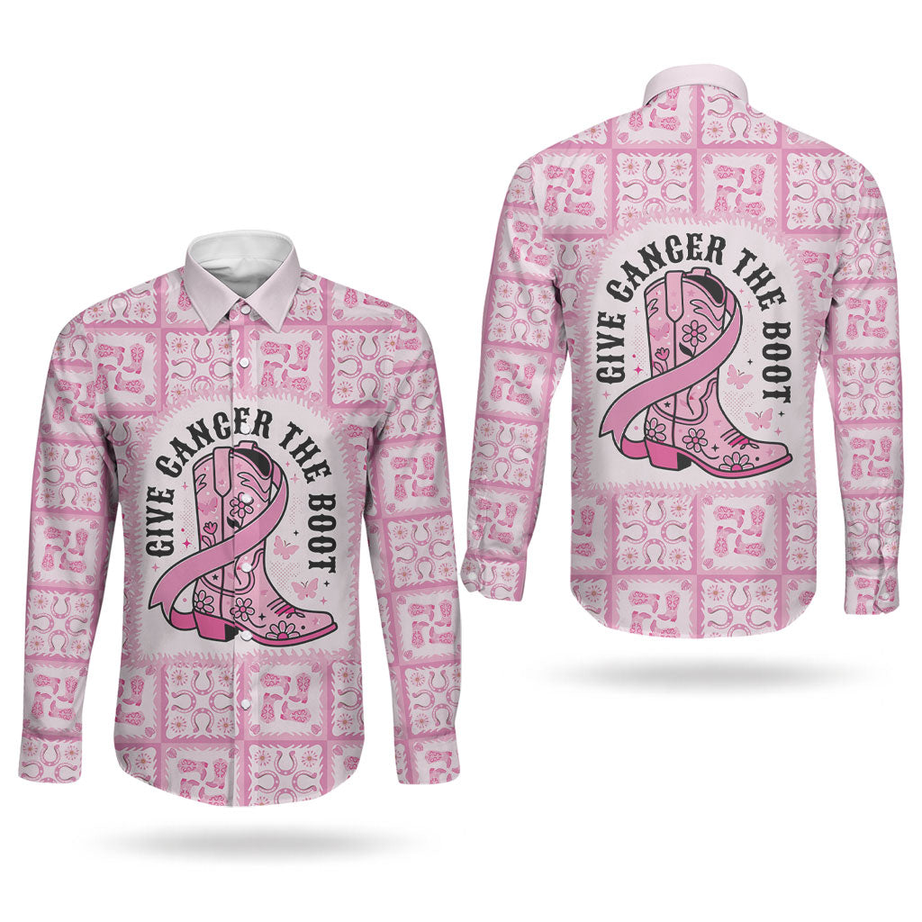 Give Cancer The Boot Pink Cowgirl Couples Matching Off Shoulder Short Dress and Long Sleeve Button Shirt Hawaiian Paniolo Mixed Quilt Pattern Style LT9 - Polynesian Pride