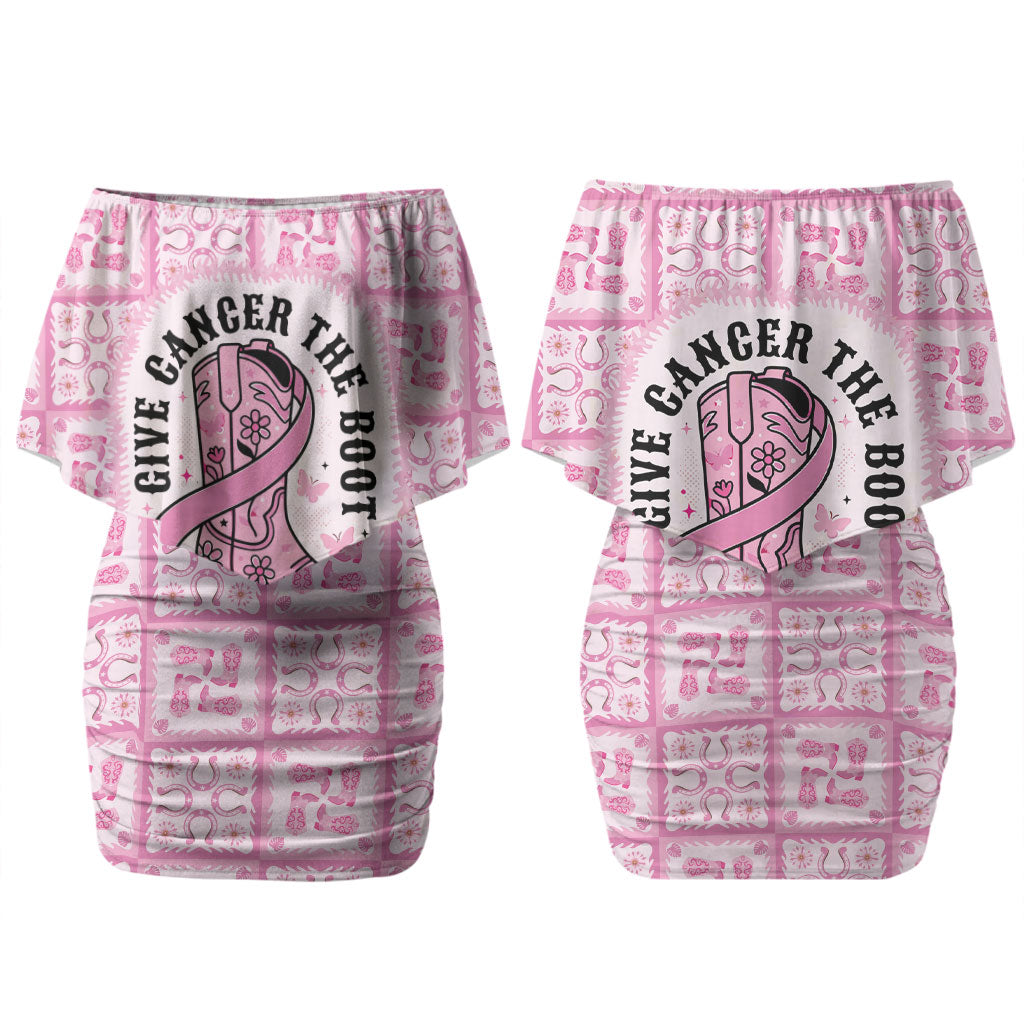 Give Cancer The Boot Pink Cowgirl Couples Matching Off Shoulder Short Dress and Long Sleeve Button Shirt Hawaiian Paniolo Mixed Quilt Pattern Style LT9 - Polynesian Pride