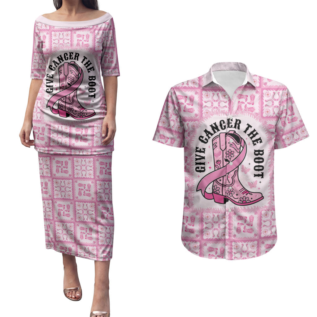 Give Cancer The Boot Pink Cowgirl Couples Matching Puletasi and Hawaiian Shirt Hawaiian Paniolo Mixed Quilt Pattern Style LT9 Pink - Polynesian Pride