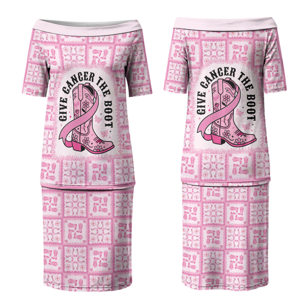Give Cancer The Boot Pink Cowgirl Couples Matching Puletasi and Hawaiian Shirt Hawaiian Paniolo Mixed Quilt Pattern Style LT9 - Polynesian Pride