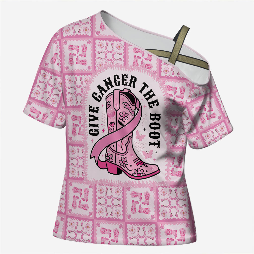 Give Cancer The Boot Pink Cowgirl Cross Shoulder Shirt Hawaiian Paniolo Mixed Quilt Pattern Style