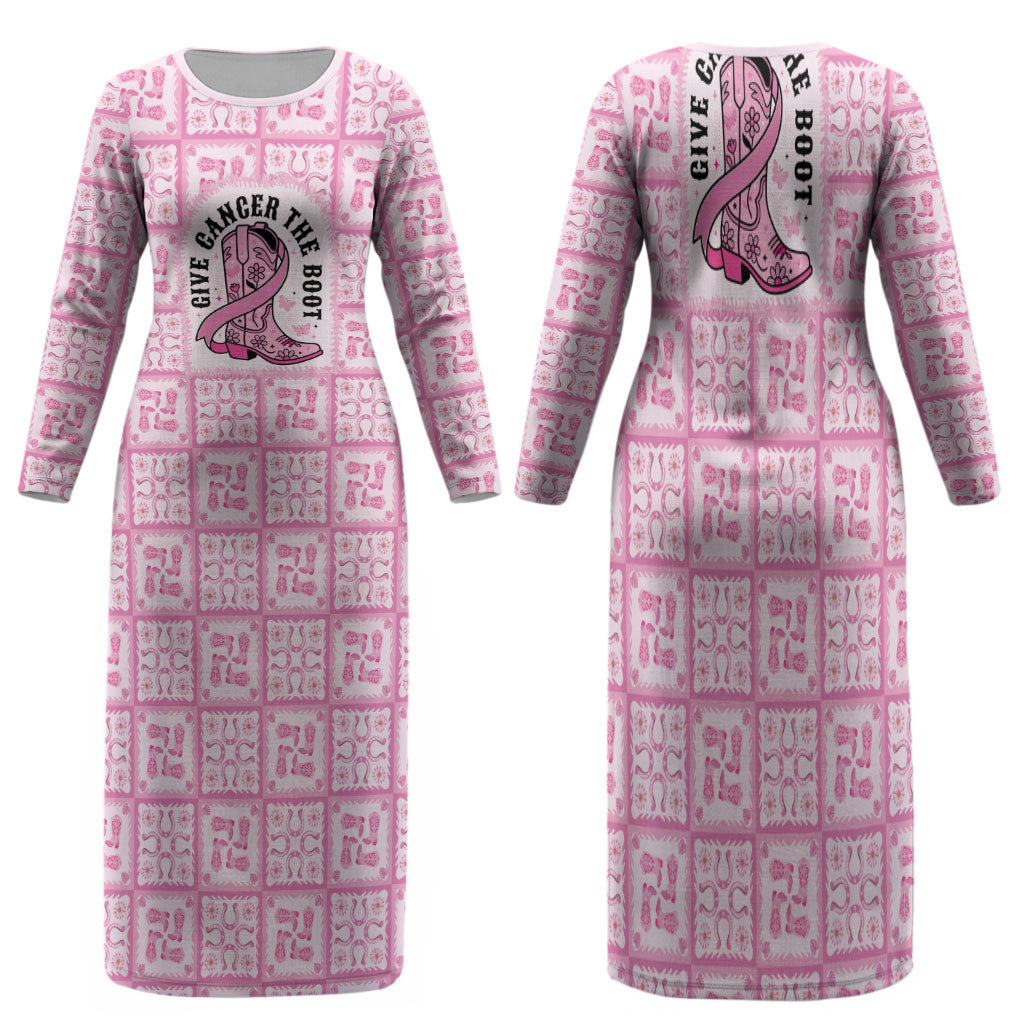 Give Cancer The Boot Pink Cowgirl Family Matching Long Sleeve Bodycon Dress and Hawaiian Shirt Hawaiian Paniolo Mixed Quilt Pattern Style LT9 Mom's Dress Pink - Polynesian Pride