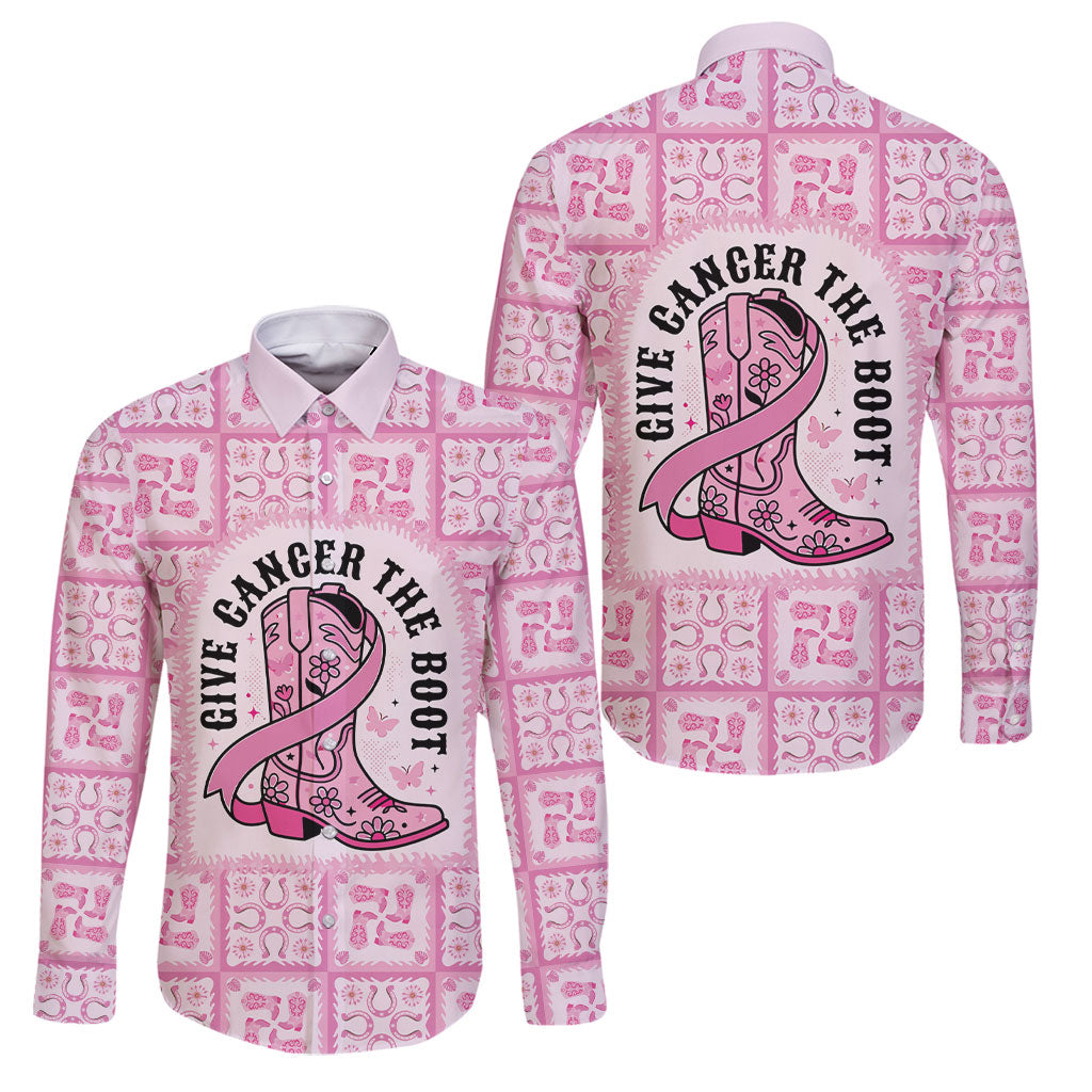 Give Cancer The Boot Pink Cowgirl Family Matching Long Sleeve Bodycon Dress and Hawaiian Shirt Hawaiian Paniolo Mixed Quilt Pattern Style LT9 Dad's Shirt - Long Sleeve Pink - Polynesian Pride