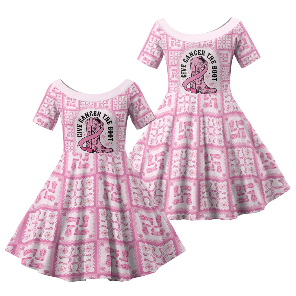 Give Cancer The Boot Pink Cowgirl Family Matching Long Sleeve Bodycon Dress and Hawaiian Shirt Hawaiian Paniolo Mixed Quilt Pattern Style LT9 Daughter's Dress Pink - Polynesian Pride