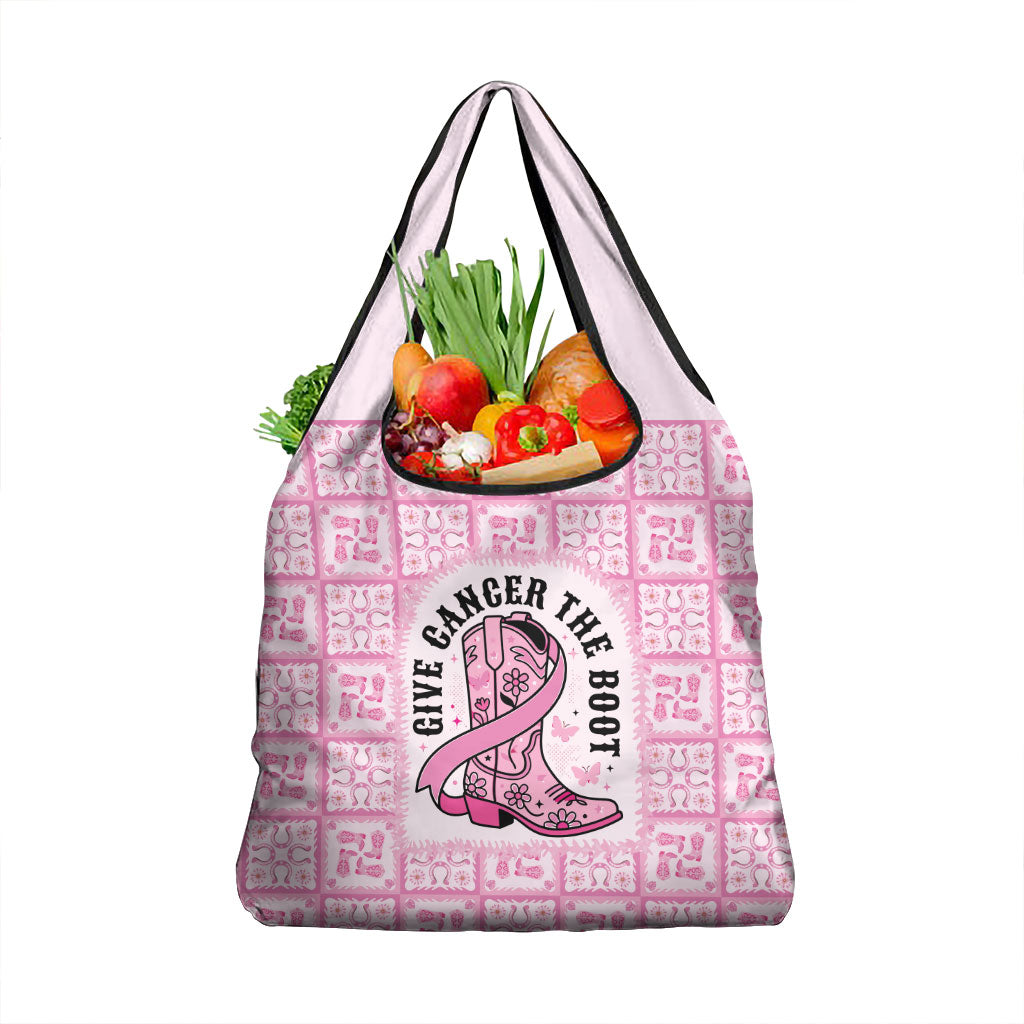 Give Cancer The Boot Pink Cowgirl Grocery Bag Hawaiian Paniolo Mixed Quilt Pattern Style