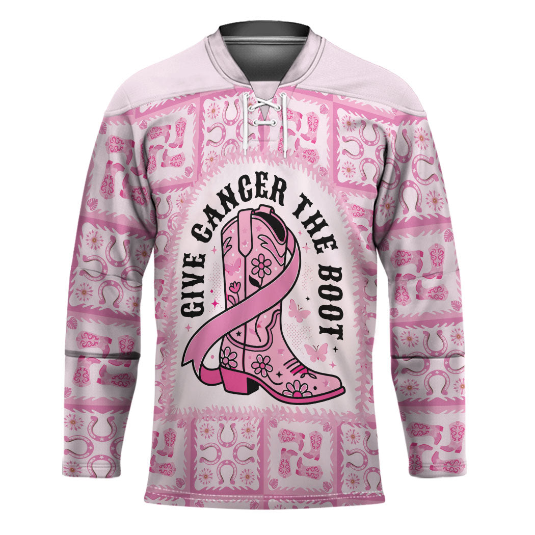 Give Cancer The Boot Pink Cowgirl Hockey Jersey Hawaiian Paniolo Mixed Quilt Pattern Style LT9 Unisex Pink - Polynesian Pride