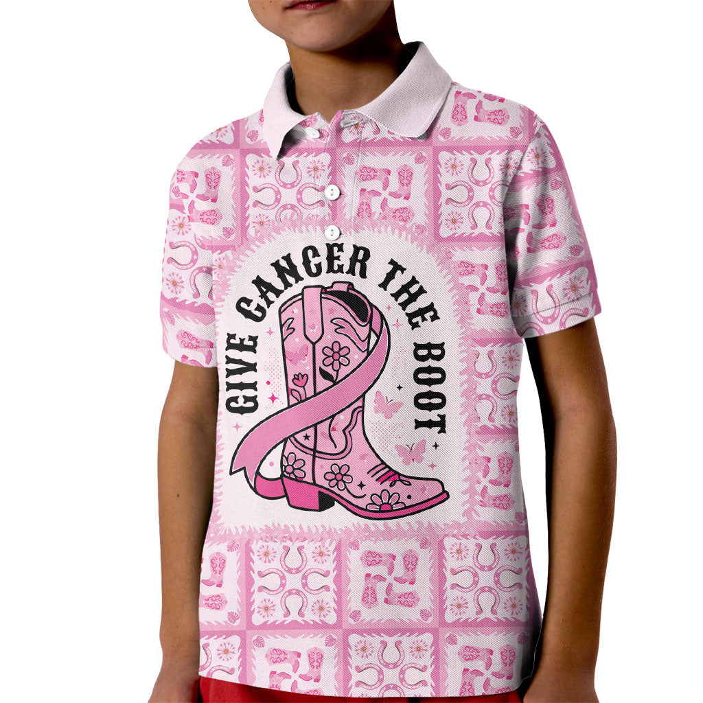 Give Cancer The Boot Pink Cowgirl Kid Polo Shirt Hawaiian Paniolo Mixed Quilt Pattern Style LT9 Kid Pink - Polynesian Pride