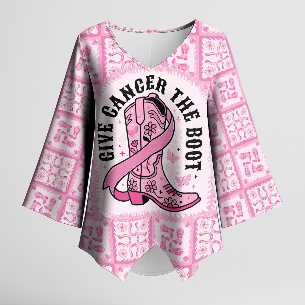 Give Cancer The Boot Pink Cowgirl Kimono Sleeve Blouse Hawaiian Paniolo Mixed Quilt Pattern Style