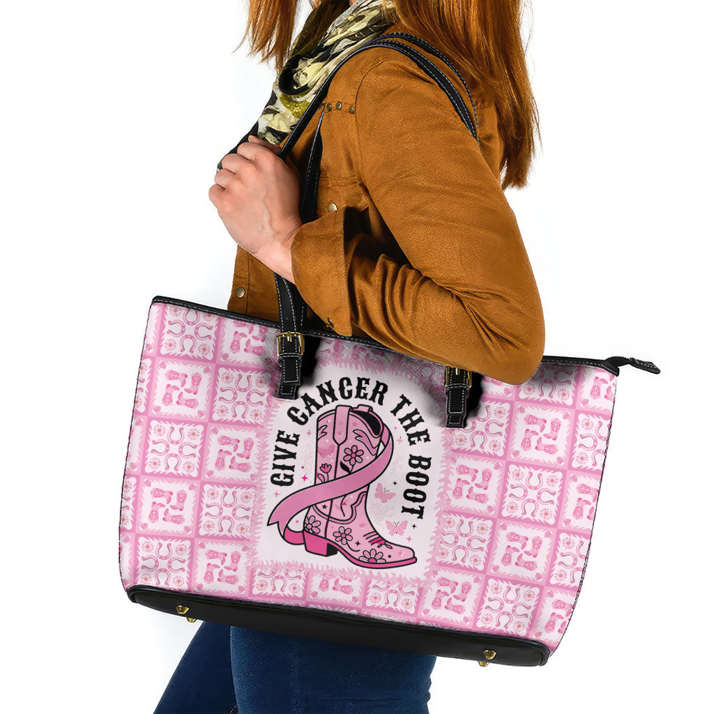 Give Cancer The Boot Pink Cowgirl Leather Tote Bag Hawaiian Paniolo Mixed Quilt Pattern Style