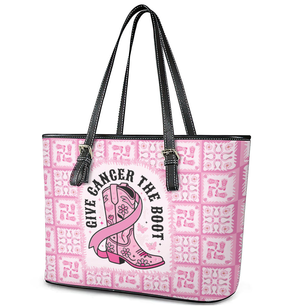 Give Cancer The Boot Pink Cowgirl Leather Tote Bag Hawaiian Paniolo Mixed Quilt Pattern Style LT9 - Polynesian Pride