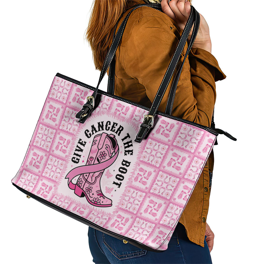 Give Cancer The Boot Pink Cowgirl Leather Tote Bag Hawaiian Paniolo Mixed Quilt Pattern Style LT9 - Polynesian Pride