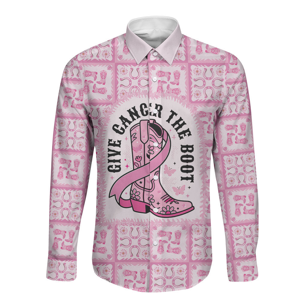 Give Cancer The Boot Pink Cowgirl Long Sleeve Button Shirt Hawaiian Paniolo Mixed Quilt Pattern Style