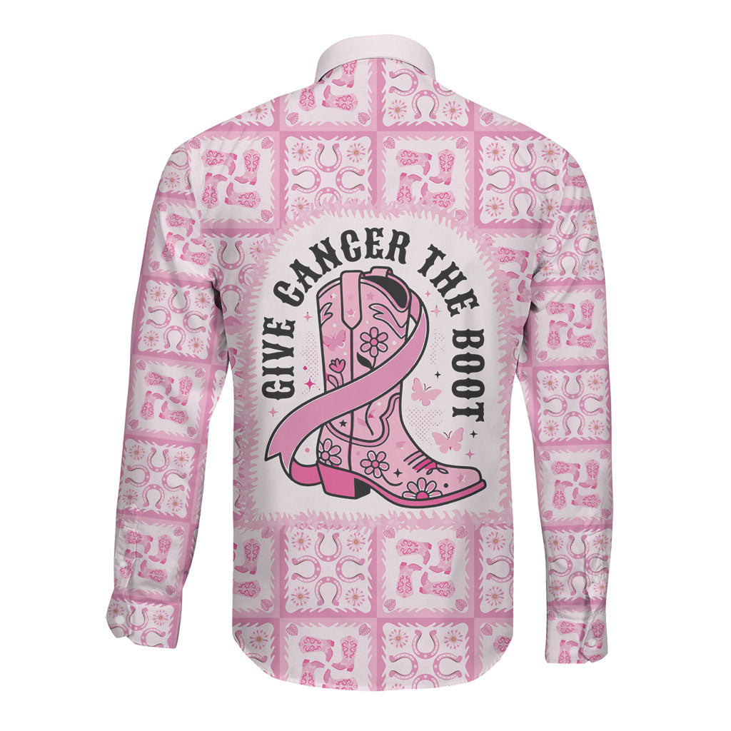 Give Cancer The Boot Pink Cowgirl Long Sleeve Button Shirt Hawaiian Paniolo Mixed Quilt Pattern Style LT9 - Polynesian Pride