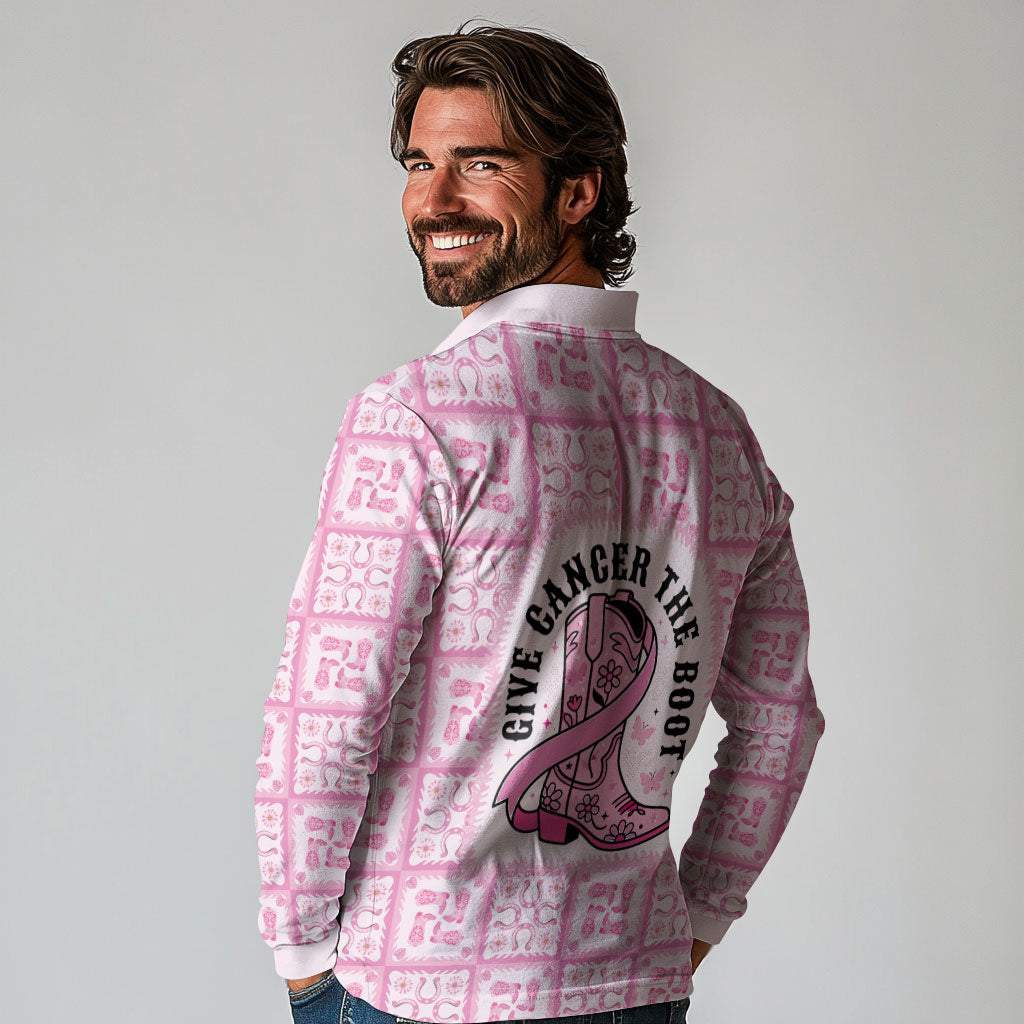 Give Cancer The Boot Pink Cowgirl Long Sleeve Polo Shirt Hawaiian Paniolo Mixed Quilt Pattern Style LT9 - Polynesian Pride