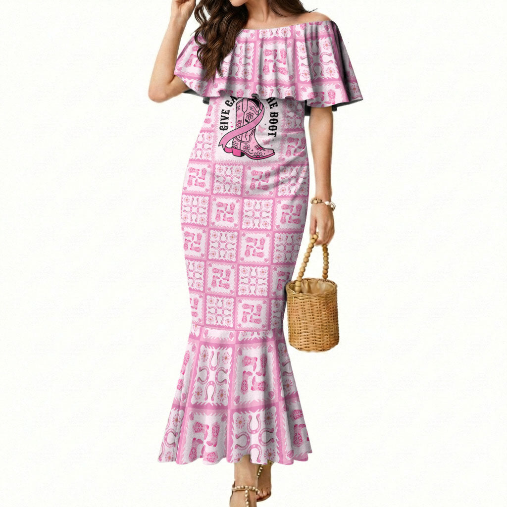 Give Cancer The Boot Pink Cowgirl Mermaid Dress Hawaiian Paniolo Mixed Quilt Pattern Style LT9 Women Pink - Polynesian Pride
