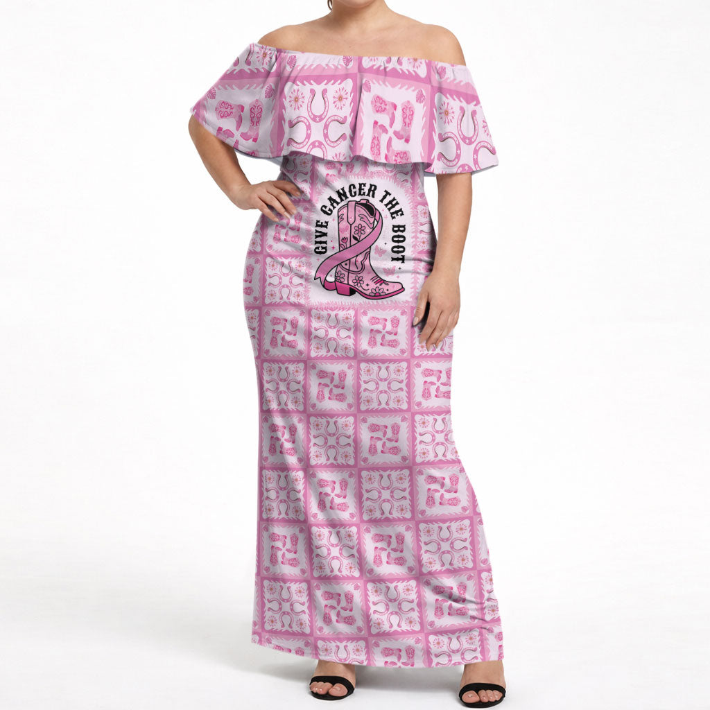 Give Cancer The Boot Pink Cowgirl Off Shoulder Maxi Dress Hawaiian Paniolo Mixed Quilt Pattern Style