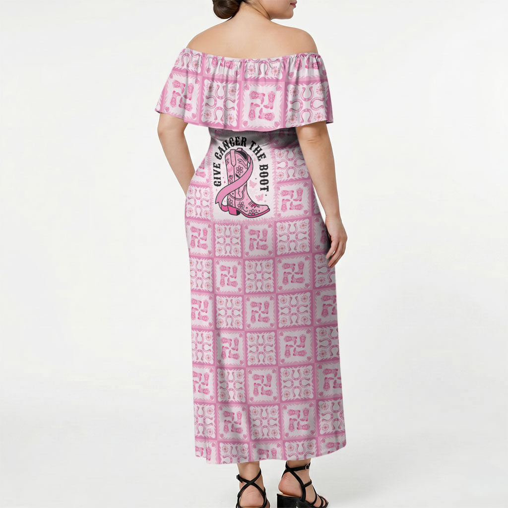 Give Cancer The Boot Pink Cowgirl Off Shoulder Maxi Dress Hawaiian Paniolo Mixed Quilt Pattern Style LT9 - Polynesian Pride