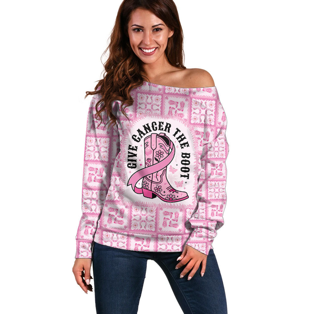 Give Cancer The Boot Pink Cowgirl Off Shoulder Sweater Hawaiian Paniolo Mixed Quilt Pattern Style