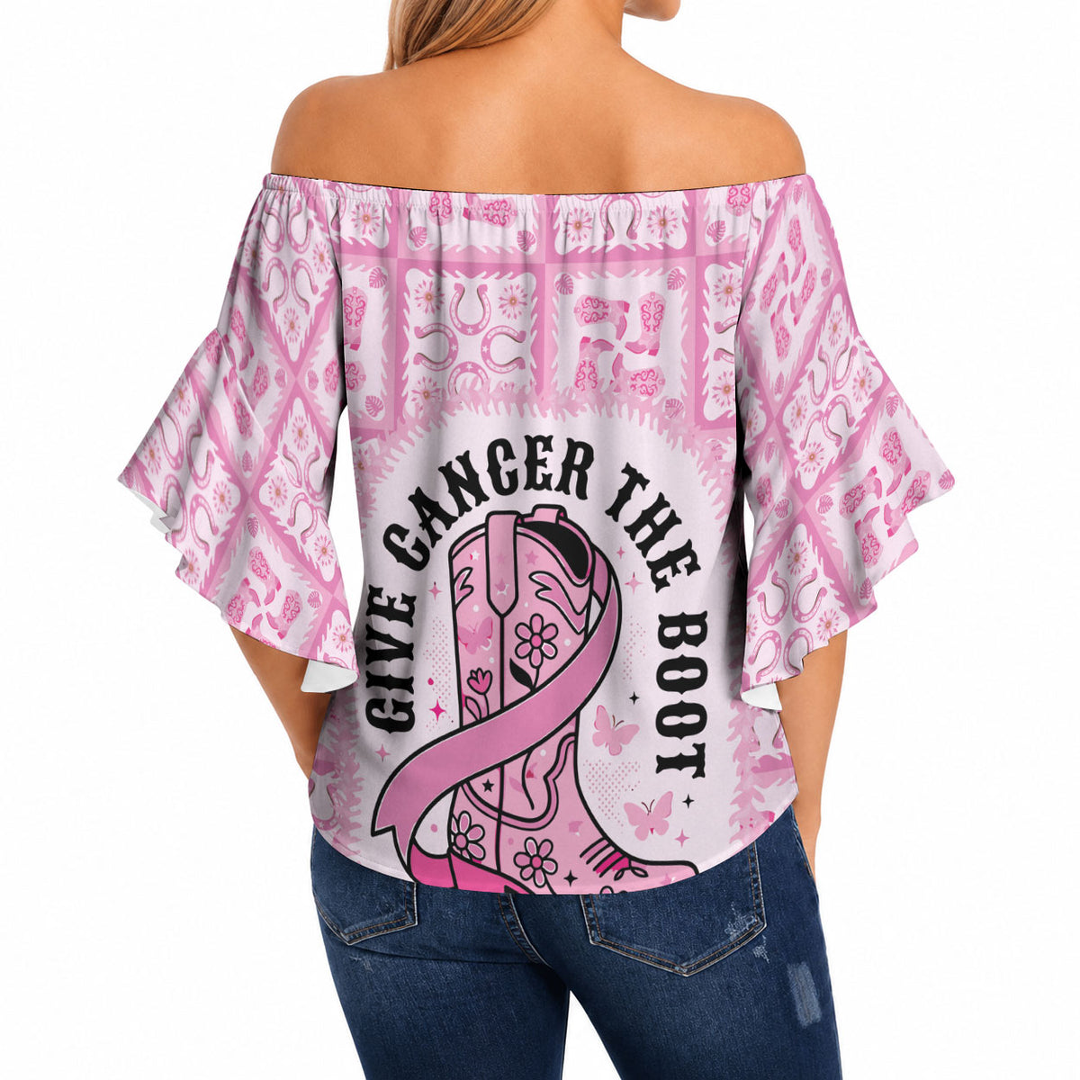 Give Cancer The Boot Pink Cowgirl Off Shoulder Wrap Waist Top Hawaiian Paniolo Mixed Quilt Pattern Style LT9 - Polynesian Pride
